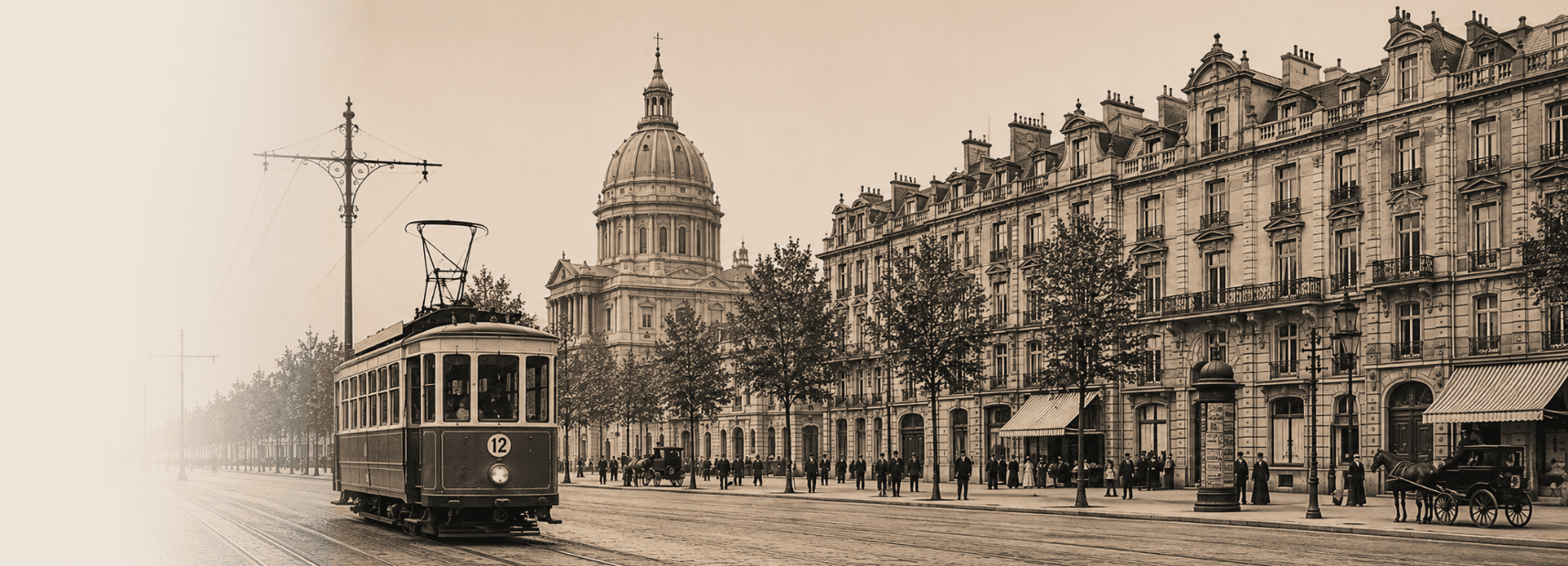 A vintage tram rolling down a grand, tree-lined boulevard — evoking Antonym's origins in Kolkata