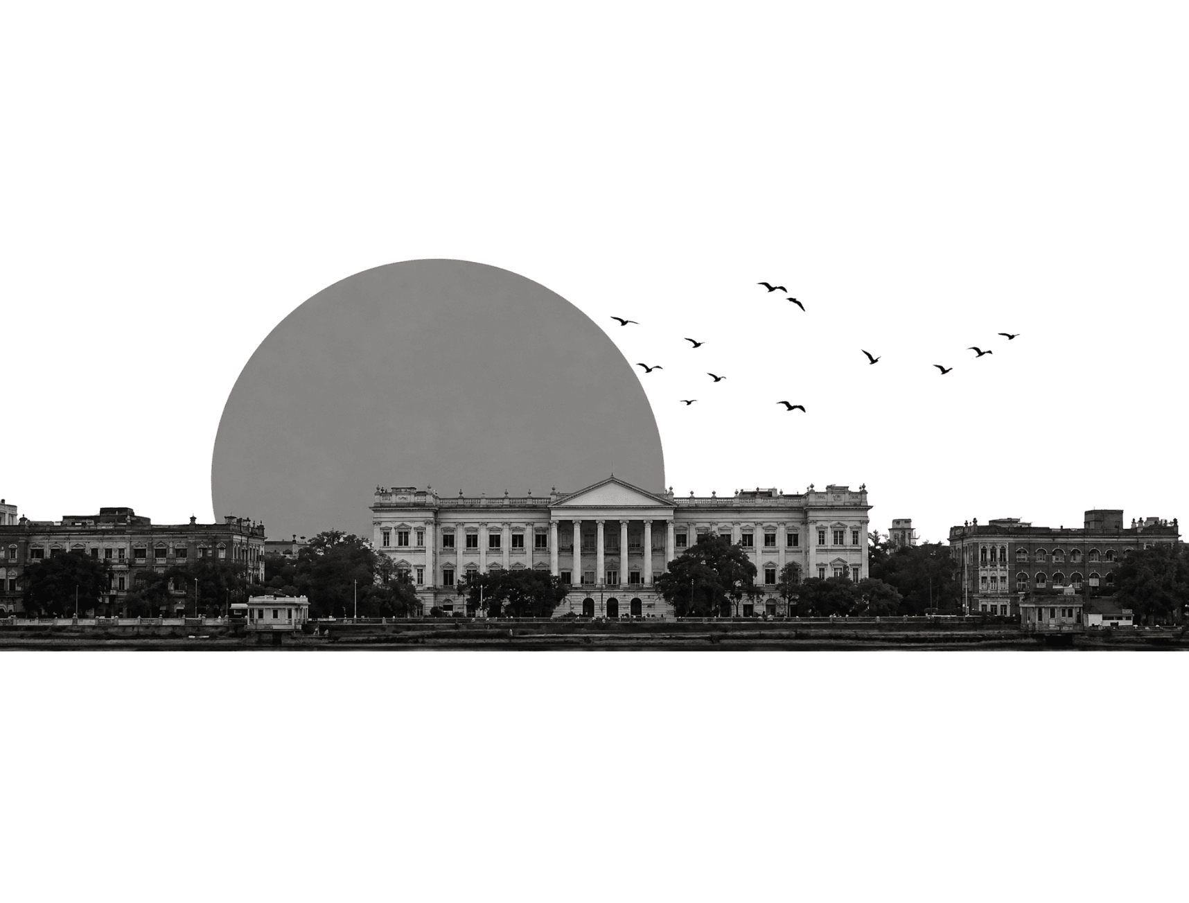 A colonial-era Kolkata building at dusk beneath a full moon, with birds in flight — evoking Antonym's origins