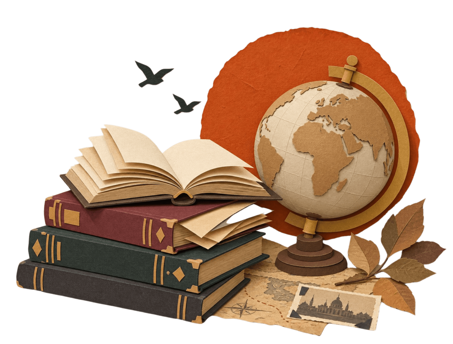 A stack of open books beside a globe, with birds and autumn leaves, representing stories travelling across the world